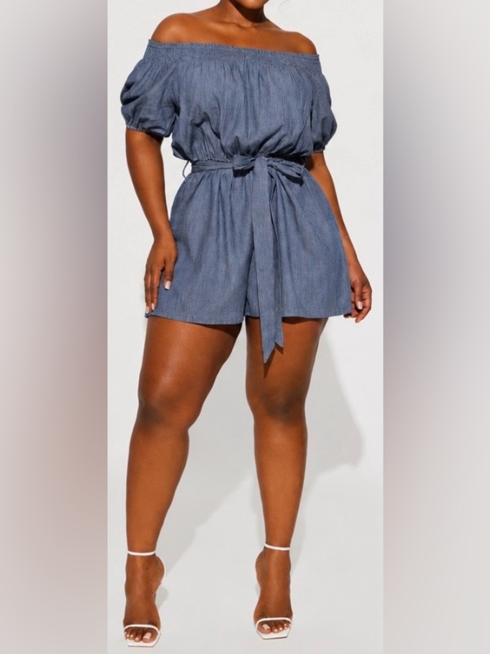 Off-Shoulder Blue Romper with Waist Tie